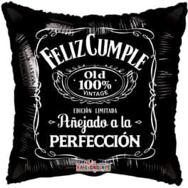 Black square balloon pillow with white Spanish text and decorative border