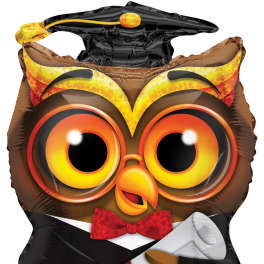 Owl-shaped foil balloon wearing a graduation cap and tuxedo