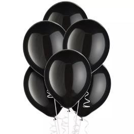 Cluster of black balloons with white curling ribbons