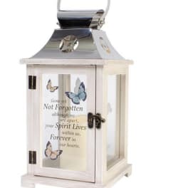 White memorial lantern with butterfly design and remembrance text
