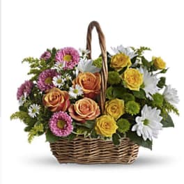 Basket of mixed roses and daisies in pink, yellow, orange, and white