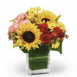 Bouquet of sunflowers, red roses, and pink carnations in a glass vase