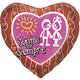 Heart-shaped foil balloon with a couple illustration and Spanish text