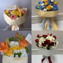Collage of six wrapped bouquets in pastel and bold colors