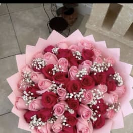 Bouquet of pink and red roses with baby's breath in pink wrap
