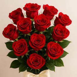 Bouquet of red roses tied with a cream ribbon