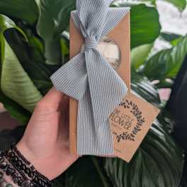 Handheld kraft soap box tied with a gray striped ribbon