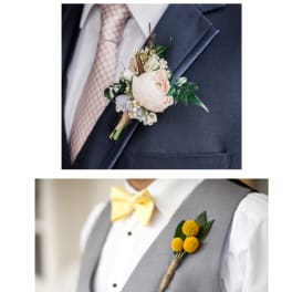 Two boutonniere boutonnieres on suits, one blush and white, one yellow