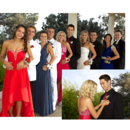 Group of teens in formal dresses and tuxedos with corsages and boutonnieres