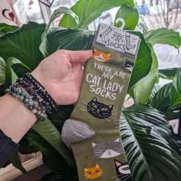Hand holding cat-themed socks in front of large green houseplant leaves