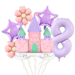 Pastel castle and flower balloons with a large number 8