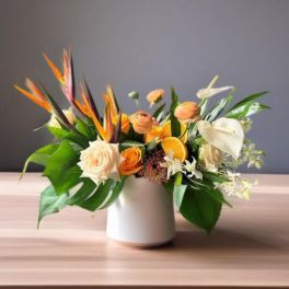 Tropical floral arrangement in a white vase with orange and white blooms