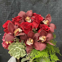 Compact arrangement of red roses, burgundy orchids, and succulents in a black vase