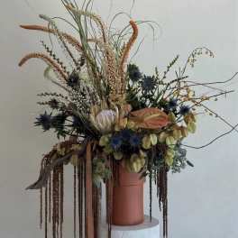 Tall dried floral arrangement in a terracotta vase with trailing elements