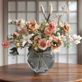 Peach and white mixed flower arrangement in a glass vase