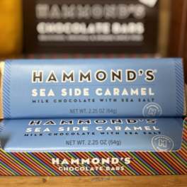 Stacked Hammond's chocolate bars in blue and striped wrappers