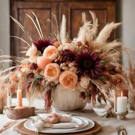 Large peach and burgundy floral centerpiece in a white vase with candles