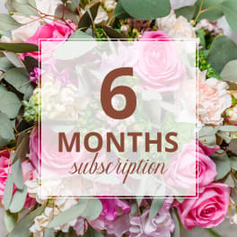 Pink and white rose bouquet with eucalyptus and a "6 months subscription" overlay