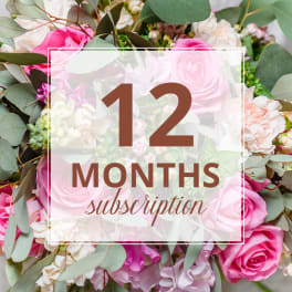 Pink and white rose bouquet with eucalyptus and a "12 months subscription" overlay