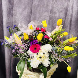Puppy in spring basket