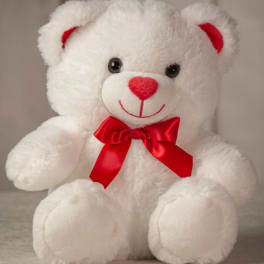 White teddy bear with a red bow and heart-shaped nose