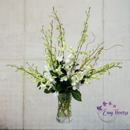 Tall white orchid arrangement in a clear glass vase
