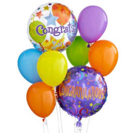 Cluster of colorful congratulatory balloons with two printed foil balloons