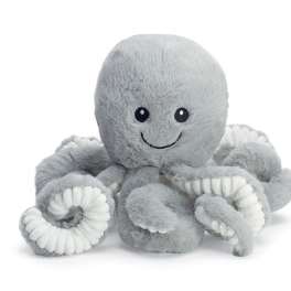 Gray plush octopus toy with a smiling face on a white background