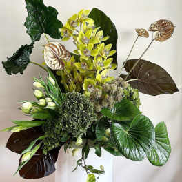 Tropical arrangement with yellow orchids and large glossy leaves in a white vase