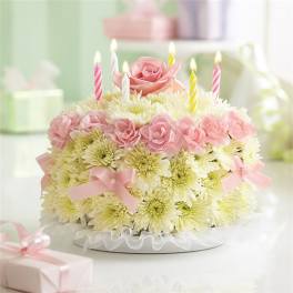 Pink rose and white chrysanthemum cake with striped candles