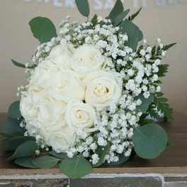 White rose bouquet with baby's breath and eucalyptus