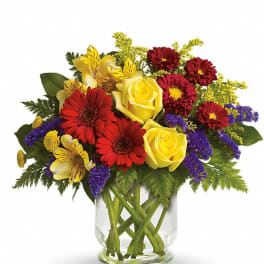 Bouquet of yellow roses, red daisies, and purple filler in a glass vase