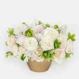 White roses and ranunculus in a gold vase with green accents