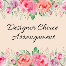 Watercolor pink and peach roses framing the text Designer Choice Arrangement on a beige background