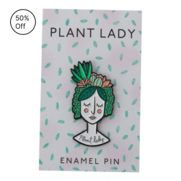 Plant Lady enamel pin on a patterned backing card
