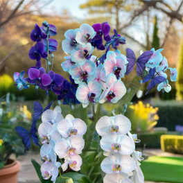 Potted orchids in white, blue, and purple with butterfly accents