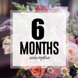 Pink and white flower bouquet with a "6 MONTHS subscription" overlay