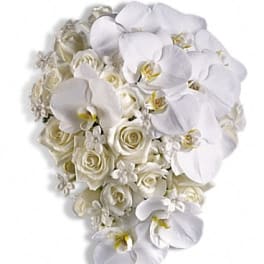 White orchid and rose bouquet with cascading blooms