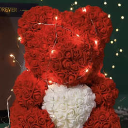Red rose teddy bear holding a white rose heart