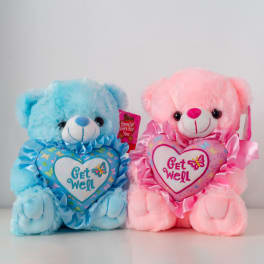 Two plush teddy bears holding heart pillows that say Get Well