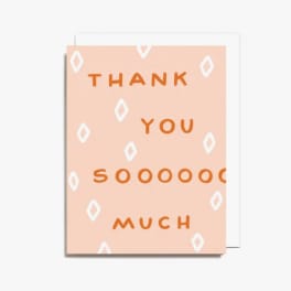 Peach thank-you card with orange text and white diamond pattern