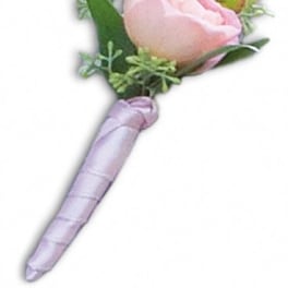 Pink rose boutonniere with lavender ribbon wrap