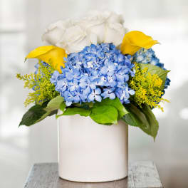 Blue hydrangeas with white roses and yellow calla lilies in a white vase