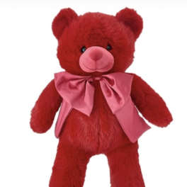 Red teddy bear with a pink satin bow