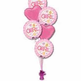 Pink girl-themed balloon bouquet with heart balloons