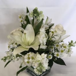 Compact white lily, rose, and daisy arrangement in a clear glass cube vase