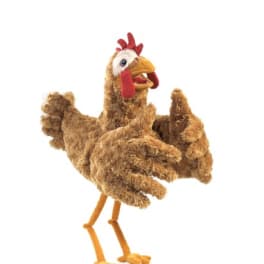 Plush chicken toy standing upright on a white background