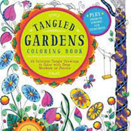 Colorful Tangled Gardens coloring book cover with floral illustrations