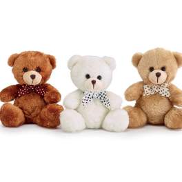 Three plush teddy bears with polka-dot bows on a white background