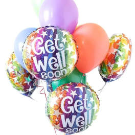 Cluster of colorful balloons with two "Get Well Soon" balloons